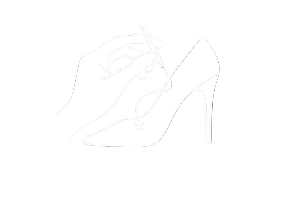 Minimalist line icon in black representing handcrafted women’s shoes. Show a hand delicately holding or stitching a feminine high-heel or leather shoe. Clean modern lines, simple and elegant design, 1:1 aspect ratio, vector style, luxury women’s footwear brand.