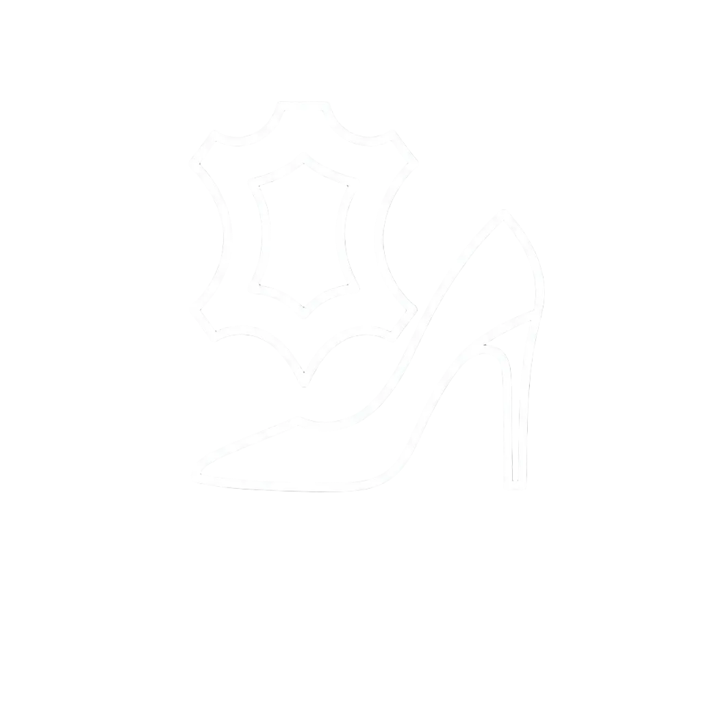 Minimalist line icon in black symbolizing premium and durable materials for women’s shoes. Show a stylized leather hide or shield over a feminine shoe, clean modern lines, 1:1 aspect ratio, vector style, luxury women’s footwear brand.